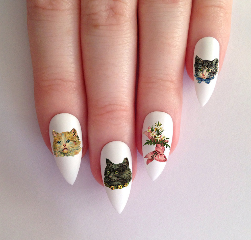 36 Adorable Vintage Kitty Cats and Flower Nail Decals Waterslide - Moon Goddess Market