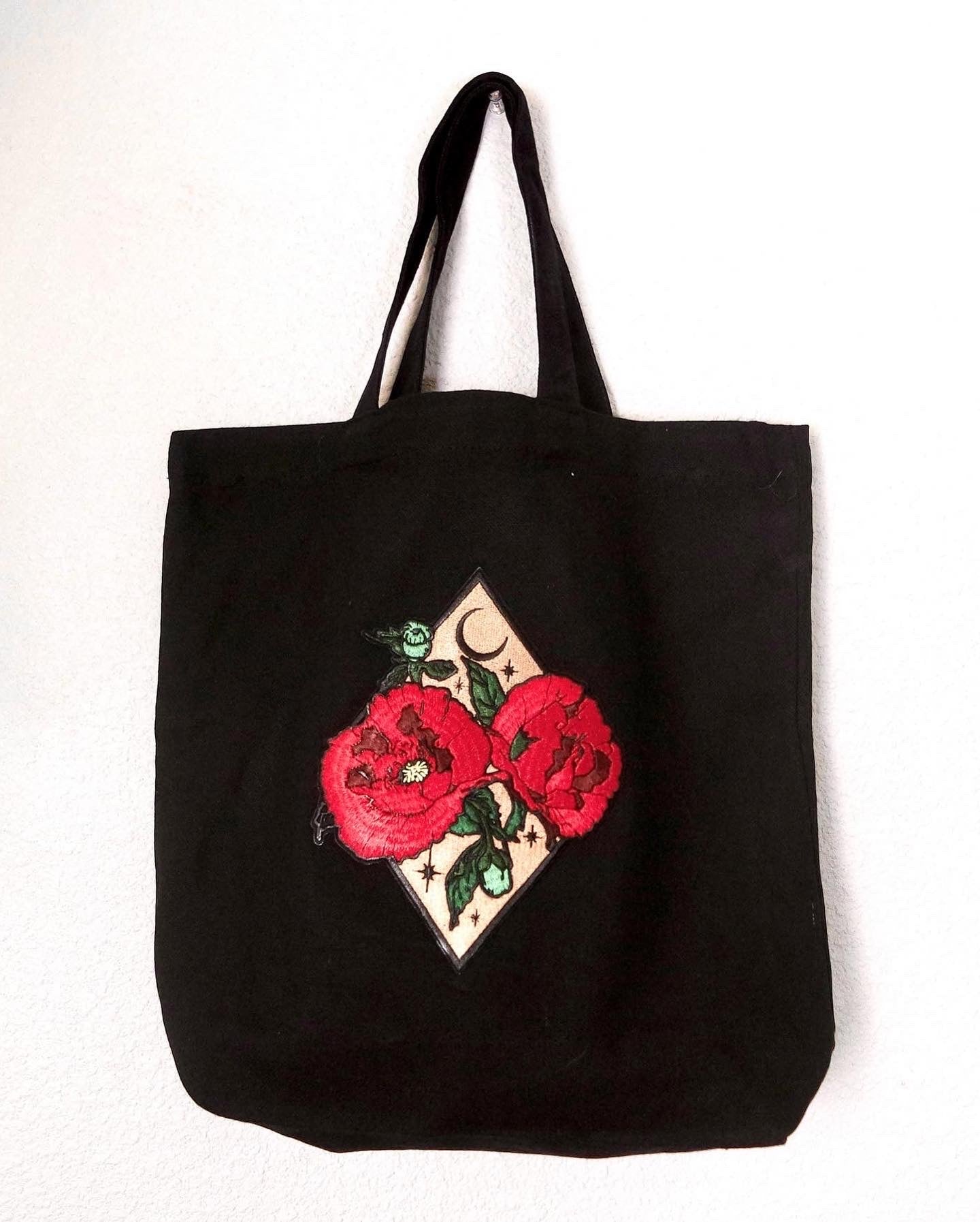 Floral Moon 12” cotton black Tote Bag by Moon Goddess Market - Moon Goddess Market