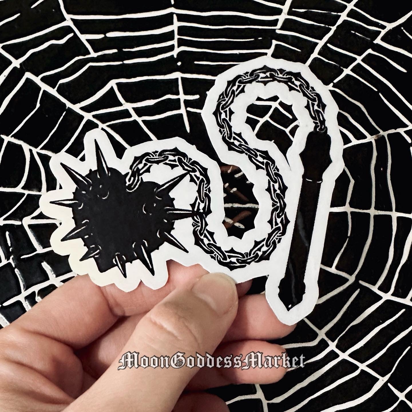 Metallic Silver Flail Morningstar Spike Ball Puppet Sticker 1.75”