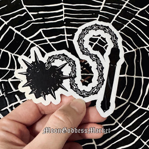 Metallic Silver Flail Morningstar Spike Ball Puppet Sticker 1.75”