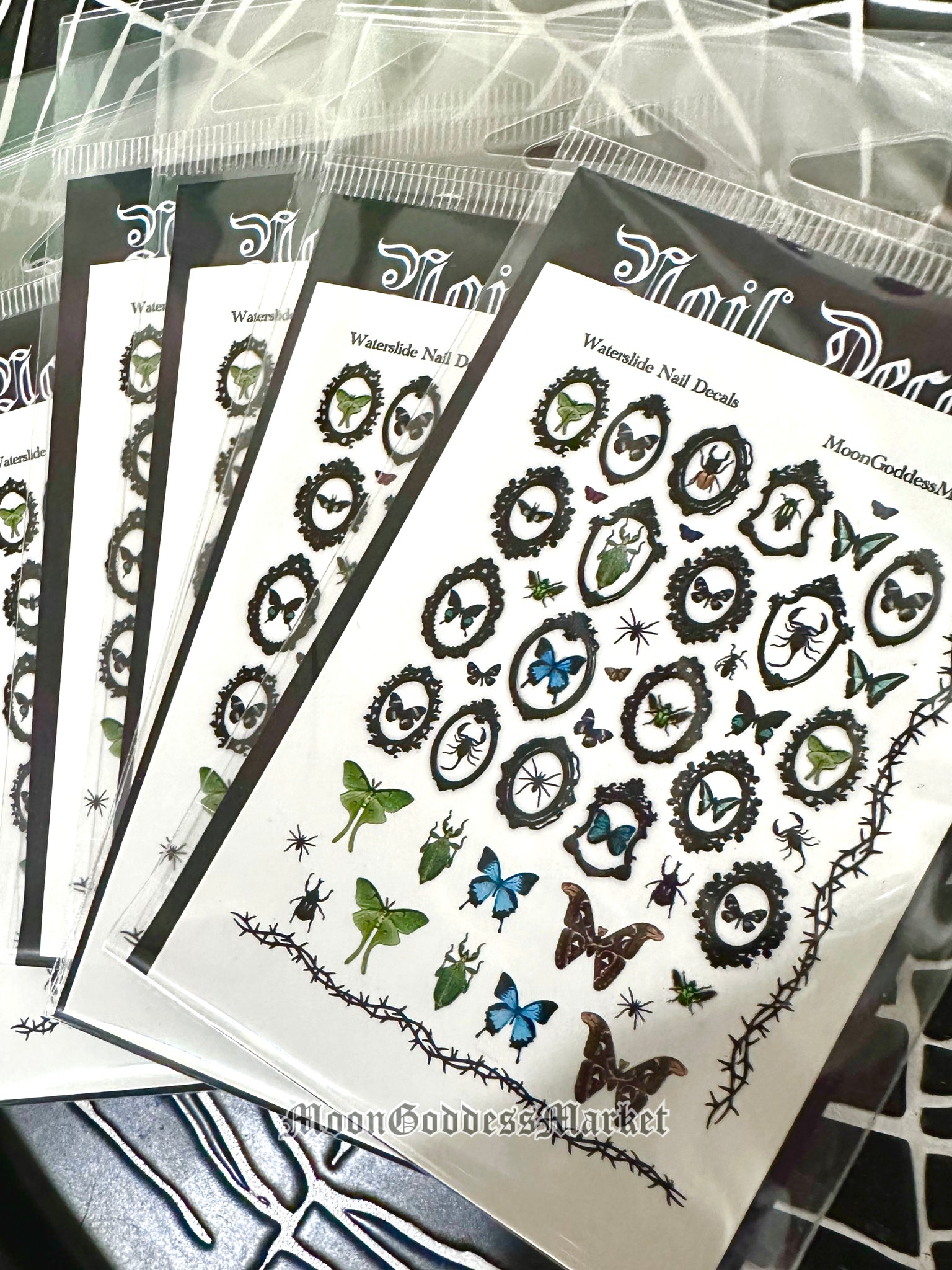 Mounted Bugs and Butterfly Spooky Spider Webs Nail Decals