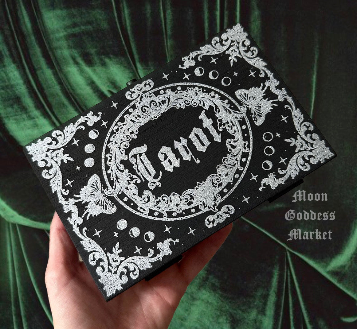 Engraved Tarot Card Box Wooden Trinket Box in two sizes - Moon Goddess Market