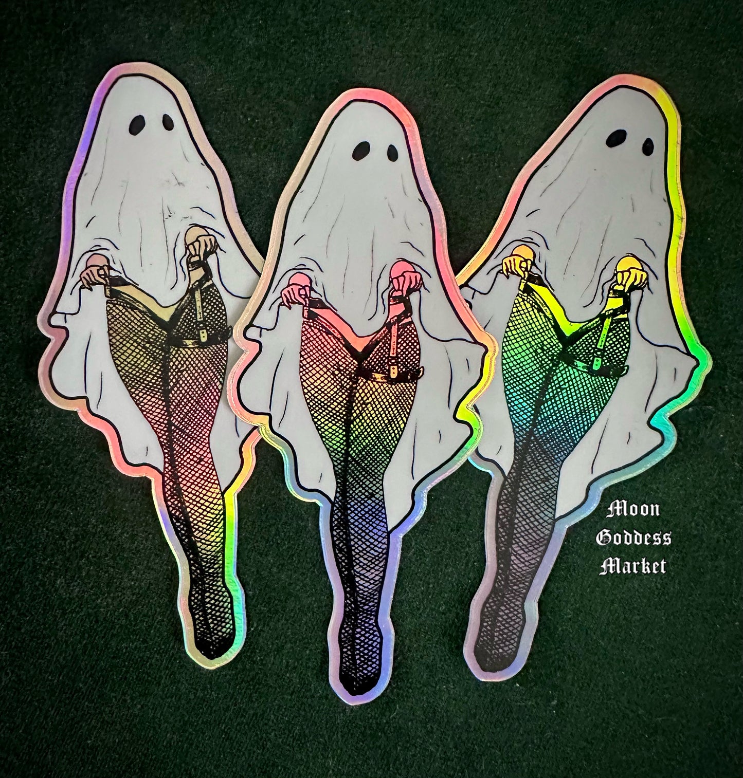 Peek a Boo Ghost with Fishnets holographic stickers - Moon Goddess Market