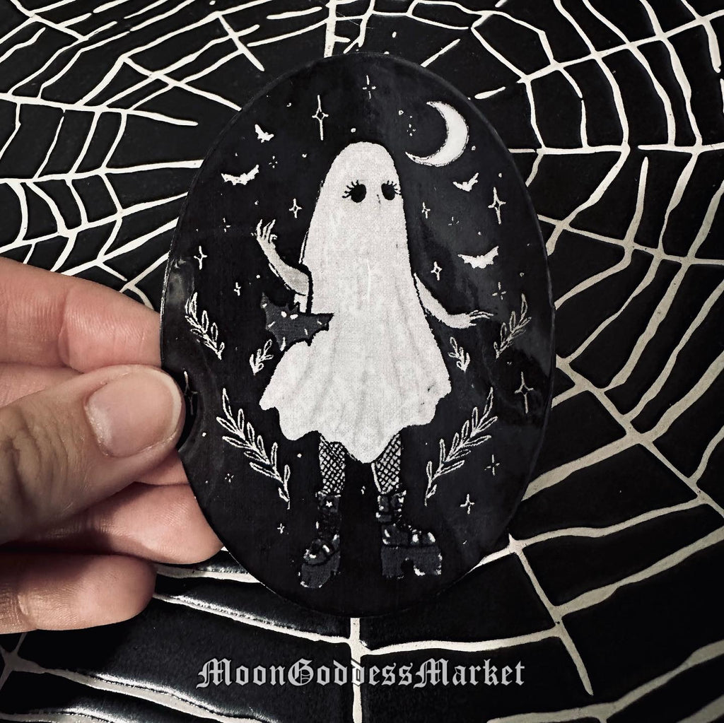 Metallic Silver Ghost Art Sticker 1.75”
